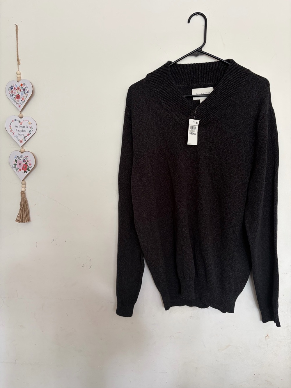 Sun + Stone NWT Men’s Shawl Collar Ribbed Pullover Black Fisherman Chunky Knit